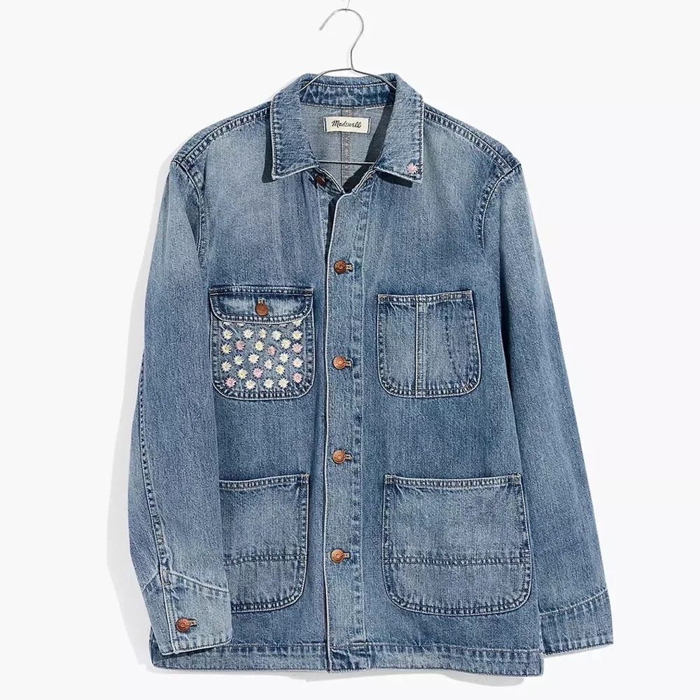 Madewell Floral Embroidered Denim Chore Coat Size Medium - Picture 3 of 5